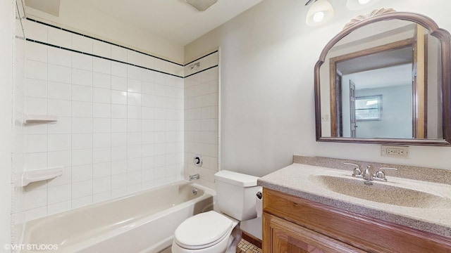 full bath featuring bathtub / shower combination, vanity, and toilet