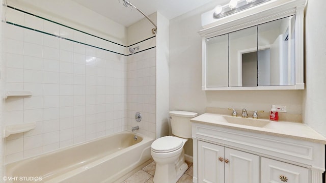 bathroom with shower / bathing tub combination, vanity, toilet, and tile patterned floors