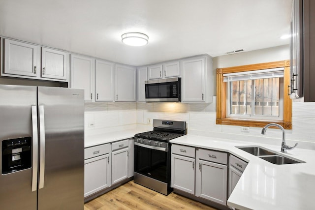 kitchen with stainless steel appliances, gray cabinets, a sink, and visible vents