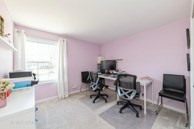 home office with baseboards, visible vents, and carpet floors