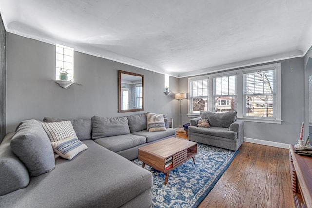 living area with hardwood / wood-style floors, baseboards, and crown molding