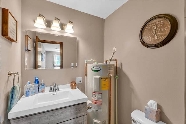 half bathroom featuring toilet, vanity, and electric water heater