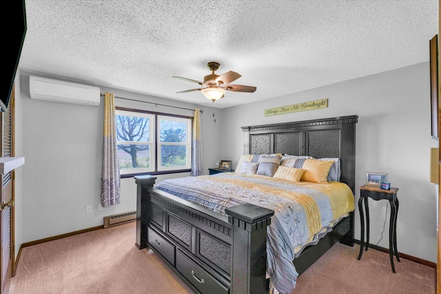 bedroom featuring a textured ceiling, light colored carpet, baseboards, an AC wall unit, and baseboard heating