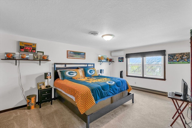 carpeted bedroom featuring a textured ceiling, a wall unit AC, visible vents, baseboards, and baseboard heating