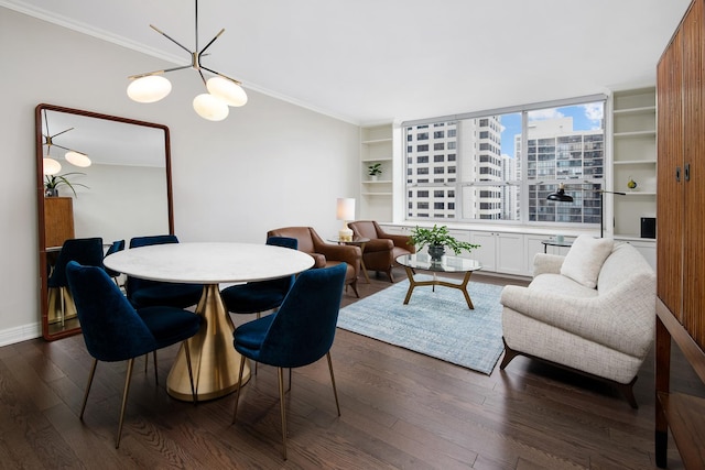 dining room featuring baseboards, a city view, dark wood-type flooring, and crown molding