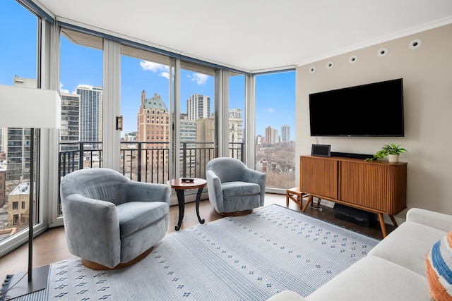 living area with a baseboard heating unit, floor to ceiling windows, and wood finished floors