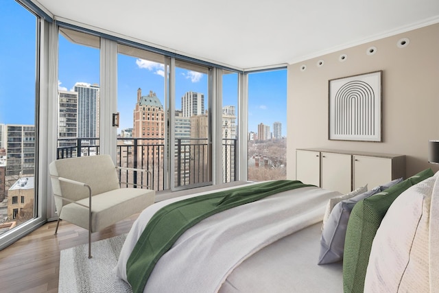 bedroom featuring a view of city, floor to ceiling windows, multiple windows, and wood finished floors