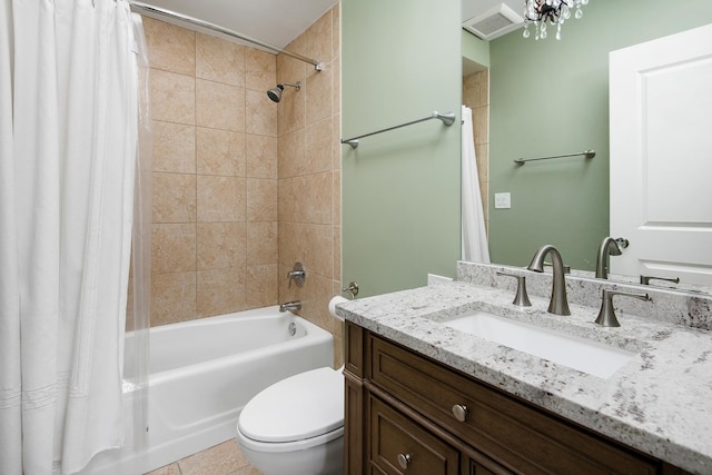 full bath with visible vents, vanity, shower / bath combination with curtain, and toilet