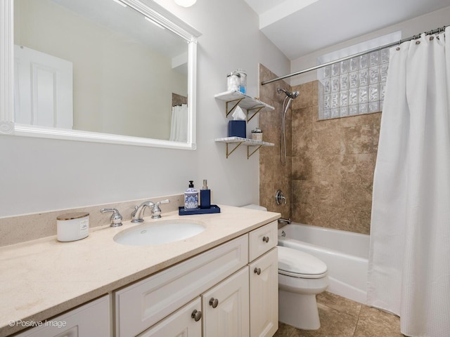 bathroom featuring shower / tub combo, tile patterned flooring, vanity, and toilet