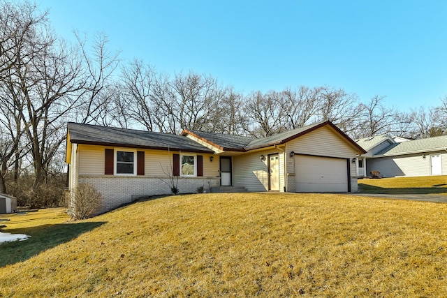 ranch-style house with a garage, a front lawn, and brick siding