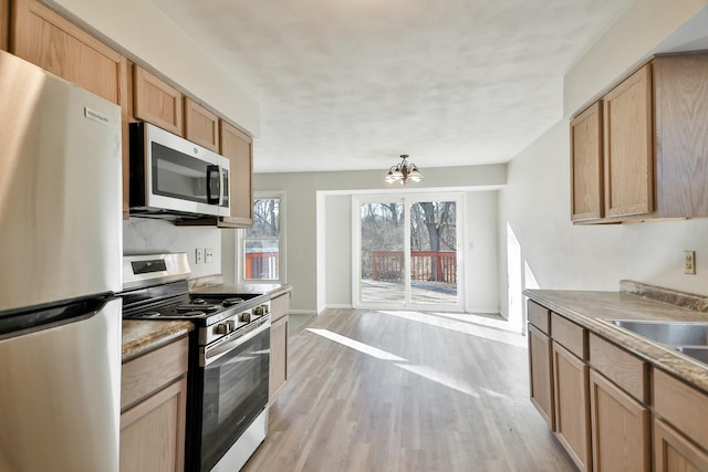 kitchen with baseboards, light wood-style flooring, appliances with stainless steel finishes, an inviting chandelier, and a sink