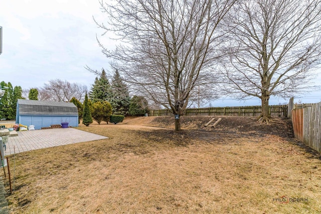 view of yard with a patio area, a fenced backyard, and an outbuilding