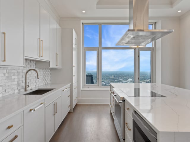 kitchen featuring stainless steel appliances, a sink, white cabinetry, and island range hood