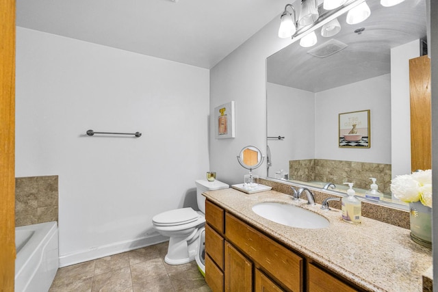 full bath featuring tile patterned flooring, a garden tub, toilet, vanity, and baseboards