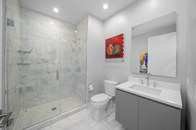 full bath with marble finish floor, recessed lighting, toilet, vanity, and a shower stall