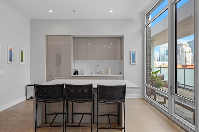 kitchen featuring a sink, a breakfast bar, modern cabinets, and gray cabinets