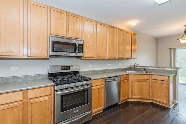 87 E Haines Dr Unit 87, Hainesville, IL 60030 - kitchen with a sink, dark wood-style flooring, a peninsula, and stainless steel appliances
