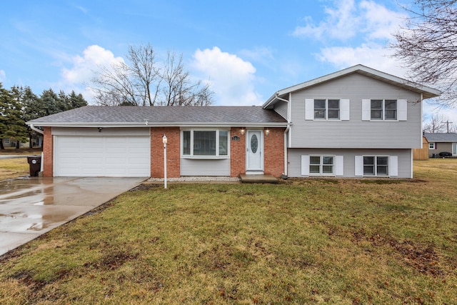 split level home with a garage, brick siding, a shingled roof, driveway, and a front lawn