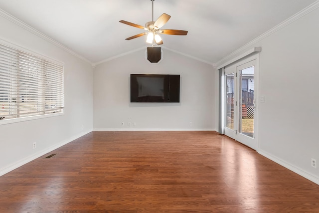 unfurnished living room featuring a ceiling fan, lofted ceiling, ornamental molding, and wood finished floors