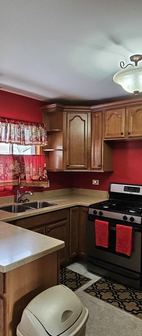 kitchen with open shelves, stainless steel gas range, light countertops, and a sink