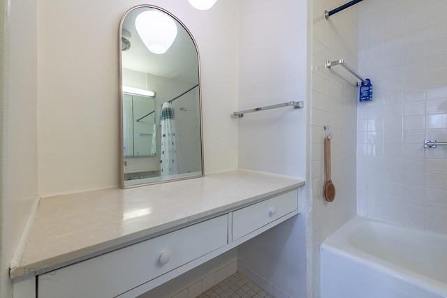 full bathroom featuring vanity and shower / tub combo with curtain