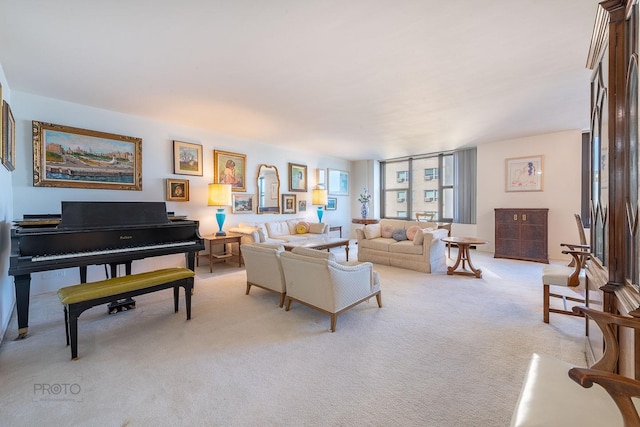 living room featuring light carpet