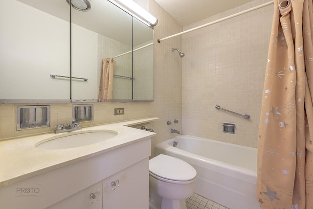 bathroom featuring shower / bath combination with curtain, toilet, decorative backsplash, vanity, and tile patterned floors