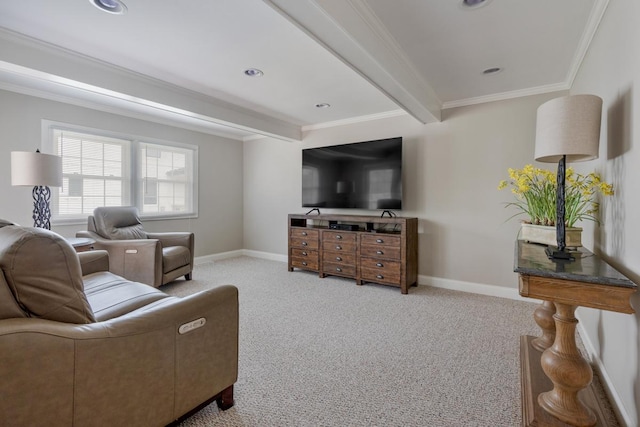 living area featuring carpet, beam ceiling, crown molding, recessed lighting, and baseboards