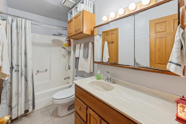 full bath featuring shower / bath combination with curtain, vanity, toilet, and tile patterned floors