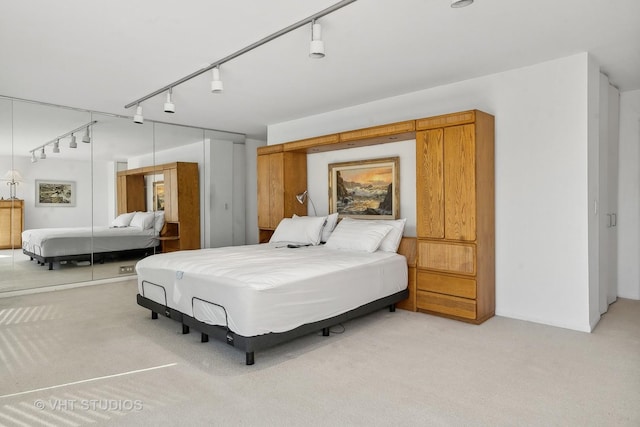 bedroom featuring carpet, a closet, and rail lighting