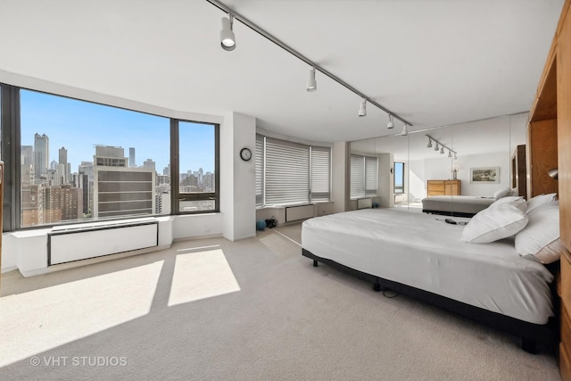 carpeted bedroom with rail lighting and a city view