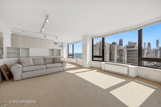 carpeted living room with a city view