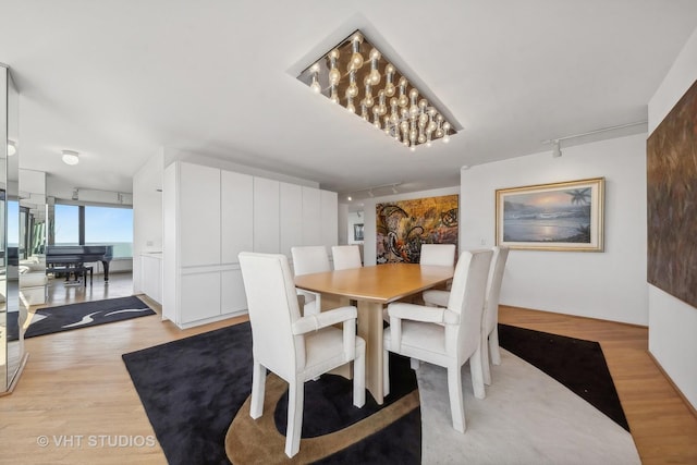 dining area with light wood finished floors and track lighting