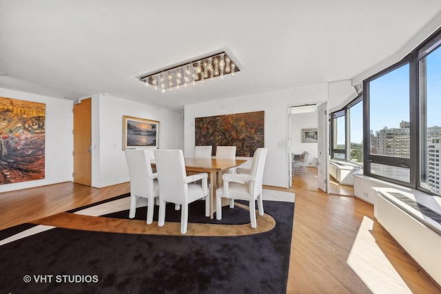 dining area featuring radiator, light wood-style flooring, and a city view