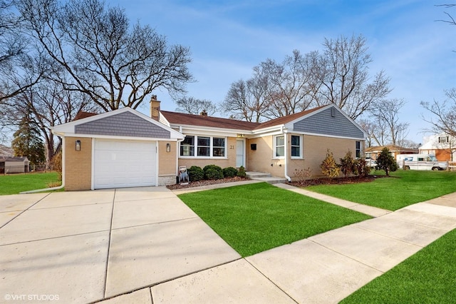 ranch-style house featuring a garage, driveway, brick siding, and a front lawn