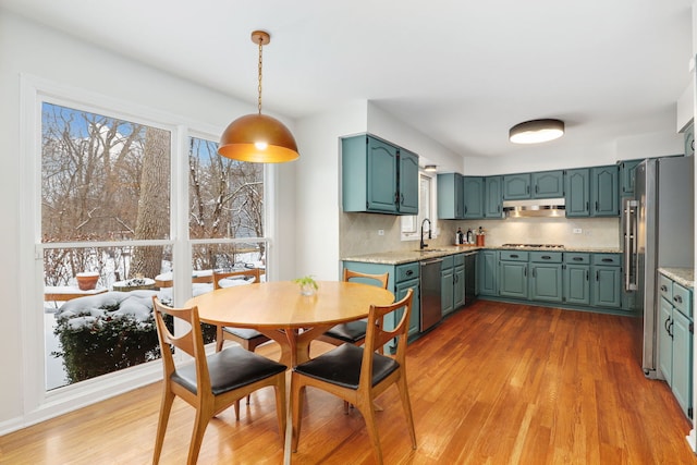 kitchen featuring tasteful backsplash, under cabinet range hood, wood finished floors, stainless steel appliances, and a sink