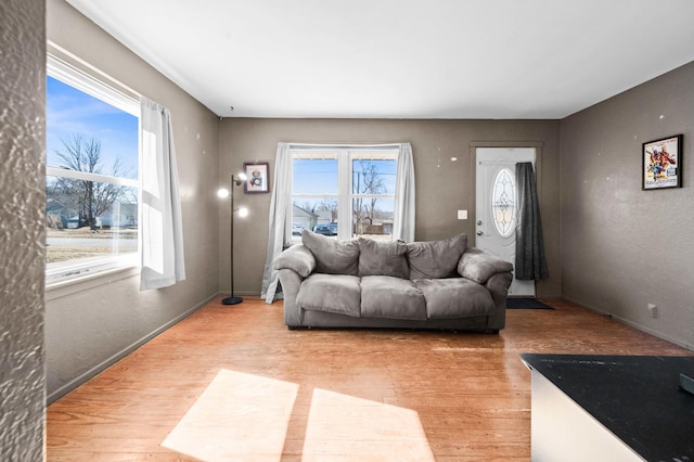 living area with light wood finished floors and baseboards