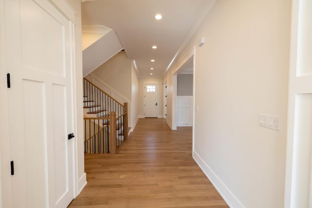 591 S Saylor Ave, Elmhurst, IL 60126 - hallway featuring baseboards, recessed lighting, light wood finished floors, and stairway