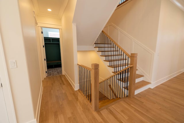 591 S Saylor Ave, Elmhurst, IL 60126 - stairs featuring baseboards, a decorative wall, and wood finished floors