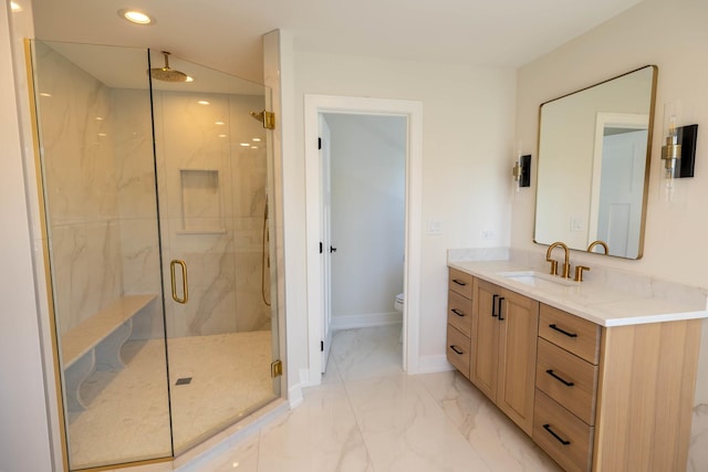 591 S Saylor Ave, Elmhurst, IL 60126 - full bath with vanity, toilet, marble finish floor, a marble finish shower, and recessed lighting