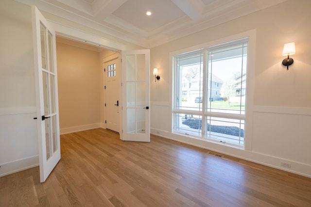 591 S Saylor Ave, Elmhurst, IL 60126 - interior space with french doors, beam ceiling, visible vents, and light wood-type flooring