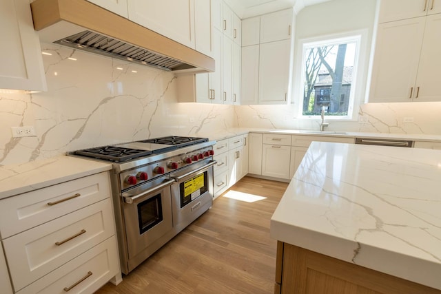 591 S Saylor Ave, Elmhurst, IL 60126 - kitchen featuring light stone counters, light wood-style flooring, appliances with stainless steel finishes, and premium range hood
