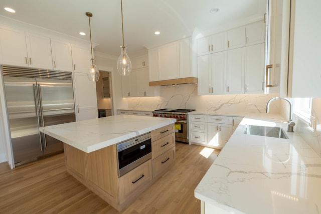 591 S Saylor Ave, Elmhurst, IL 60126 - kitchen with a sink, decorative backsplash, light wood-type flooring, a kitchen island, and premium appliances