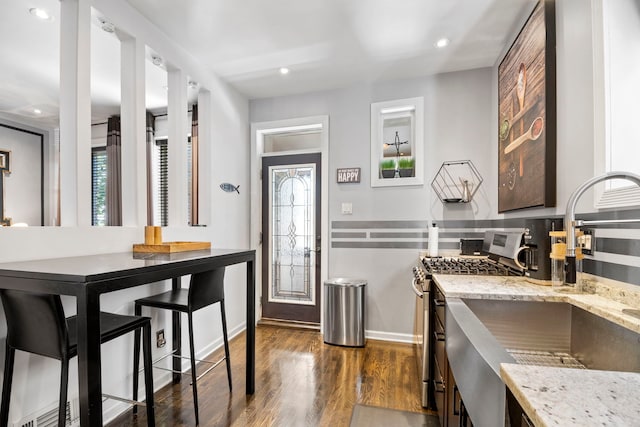 kitchen with gas range, light stone counters, dark wood-type flooring, and a sink