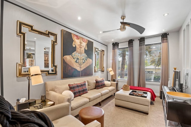 carpeted living room featuring recessed lighting and ceiling fan