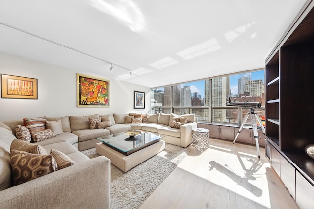 living room featuring light wood finished floors, a view of city, and track lighting