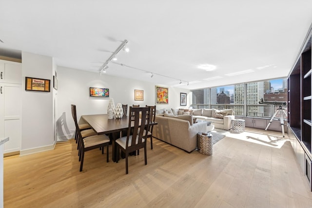 dining room with light wood finished floors and a city view