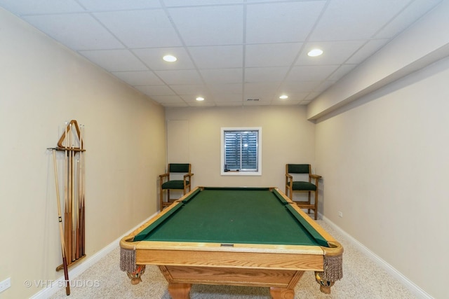 game room featuring recessed lighting, carpet, visible vents, and baseboards