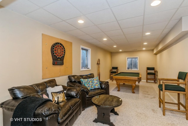 rec room with billiards, baseboards, a drop ceiling, carpet floors, and recessed lighting