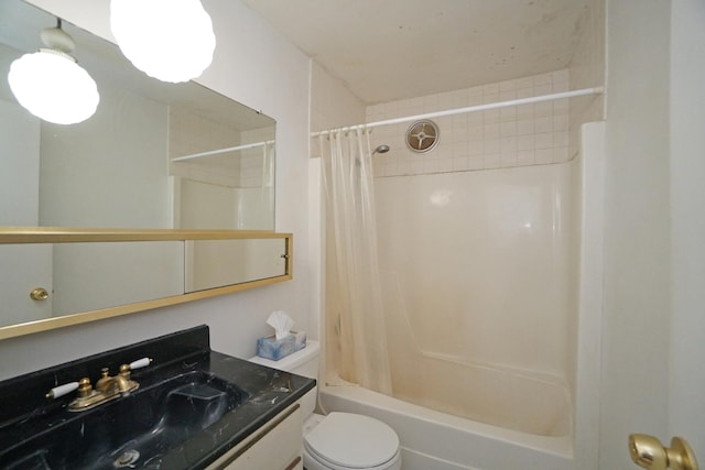 bathroom with shower / bath combination with curtain, vanity, and toilet